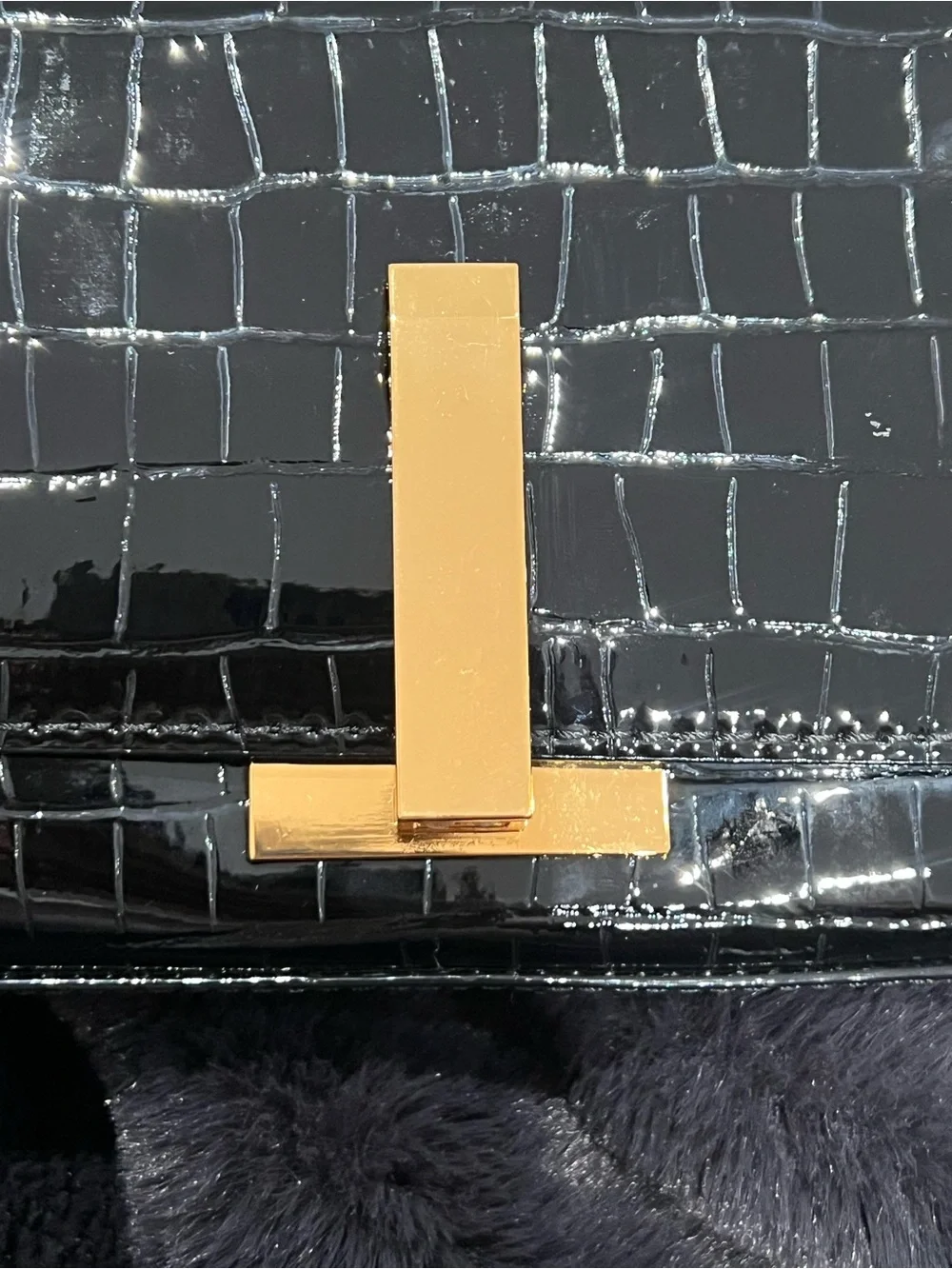 Aldo Black Croc-Embossed Patent Clutch Wallet with Gold Accent